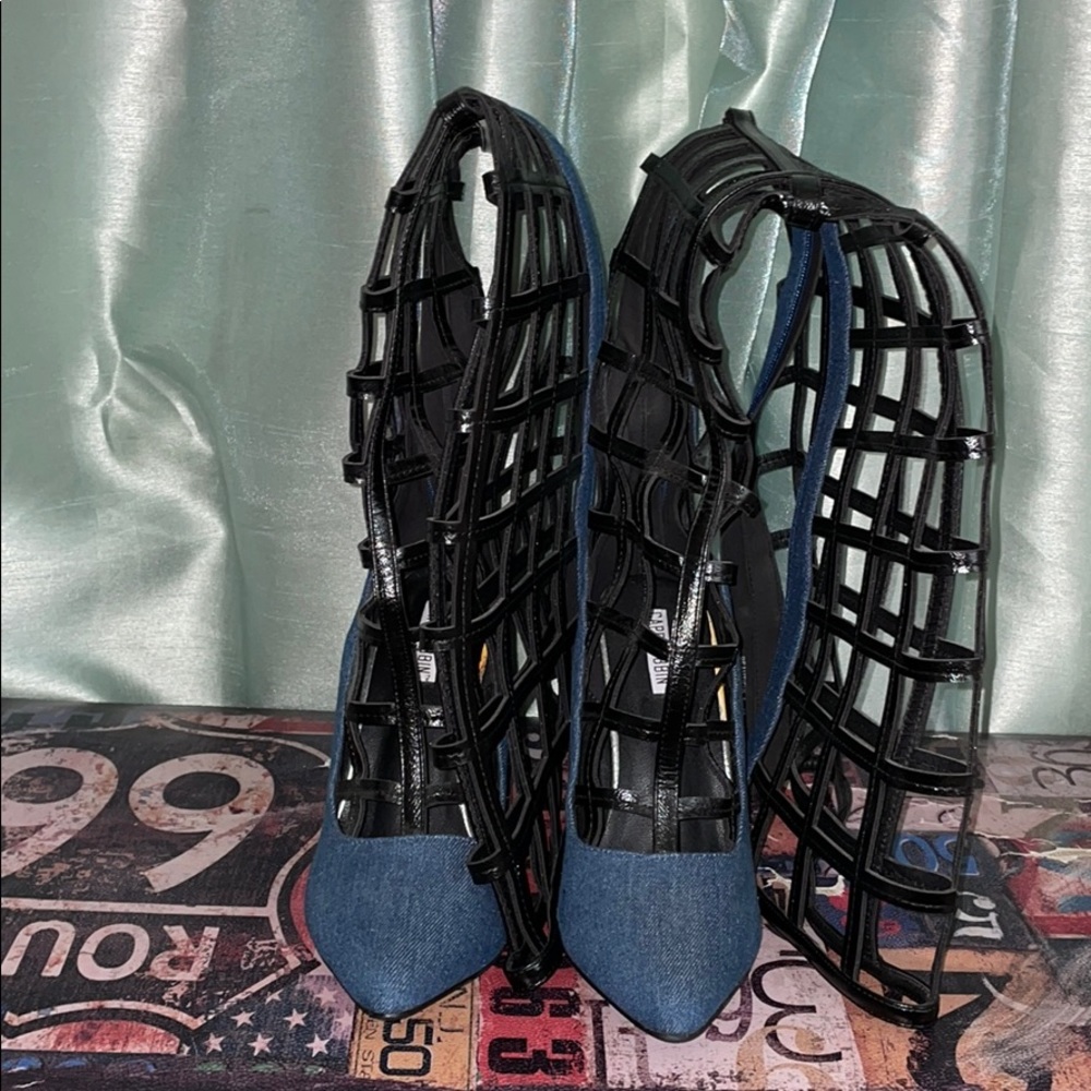 New. Denim caged boot.